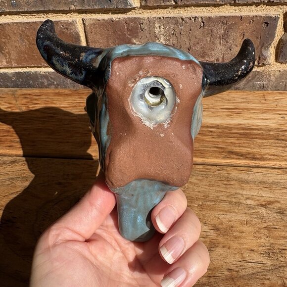 Glazed enamel pottery bull skull with mounting bolt Turquoise/Aqua Terracotta 5” - Picture 6 of 16